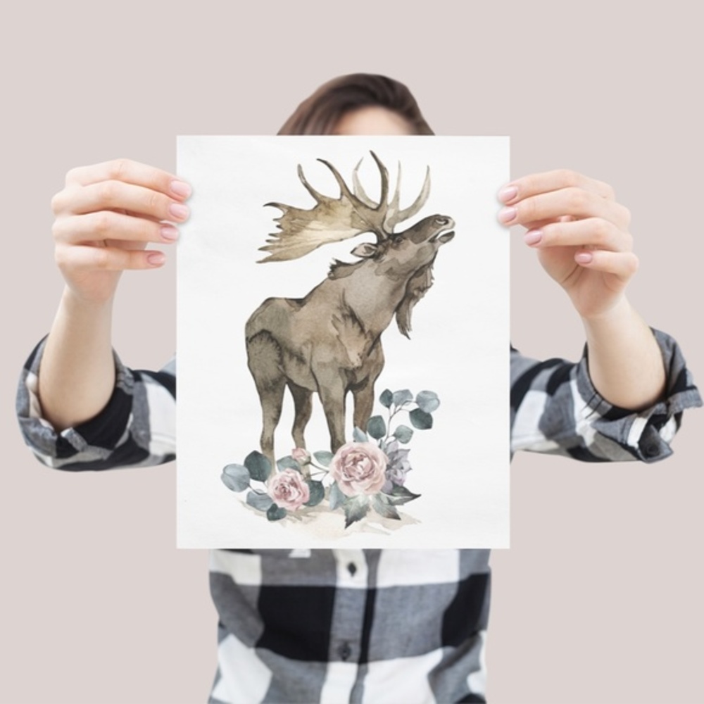 Watercolor Floral Moose Elk Deer Portrait Wall Art Illustration Print Unframed - Picture 8 of 17